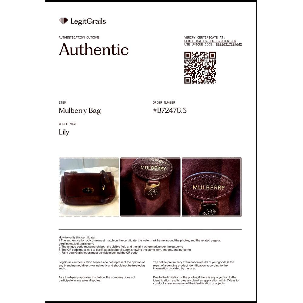 Mulberry Lily Burgundy Oxblood Leather Shoulder Bag Gold Hardware COA - Picture 15 of 16